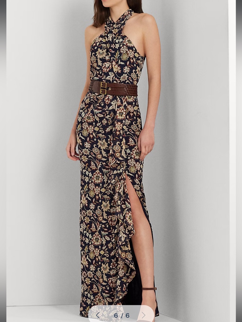 Ralph Lauren “Georgette” Navy Twist Front Floral Halter Gown - Picture 2 of 11